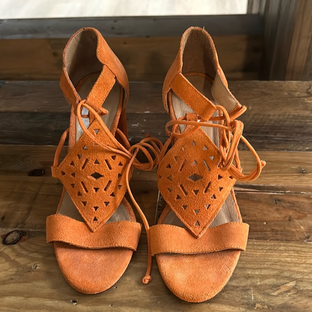 Howsty brand - orange suede, ankle tie heels. Worn once. Perfect condition!